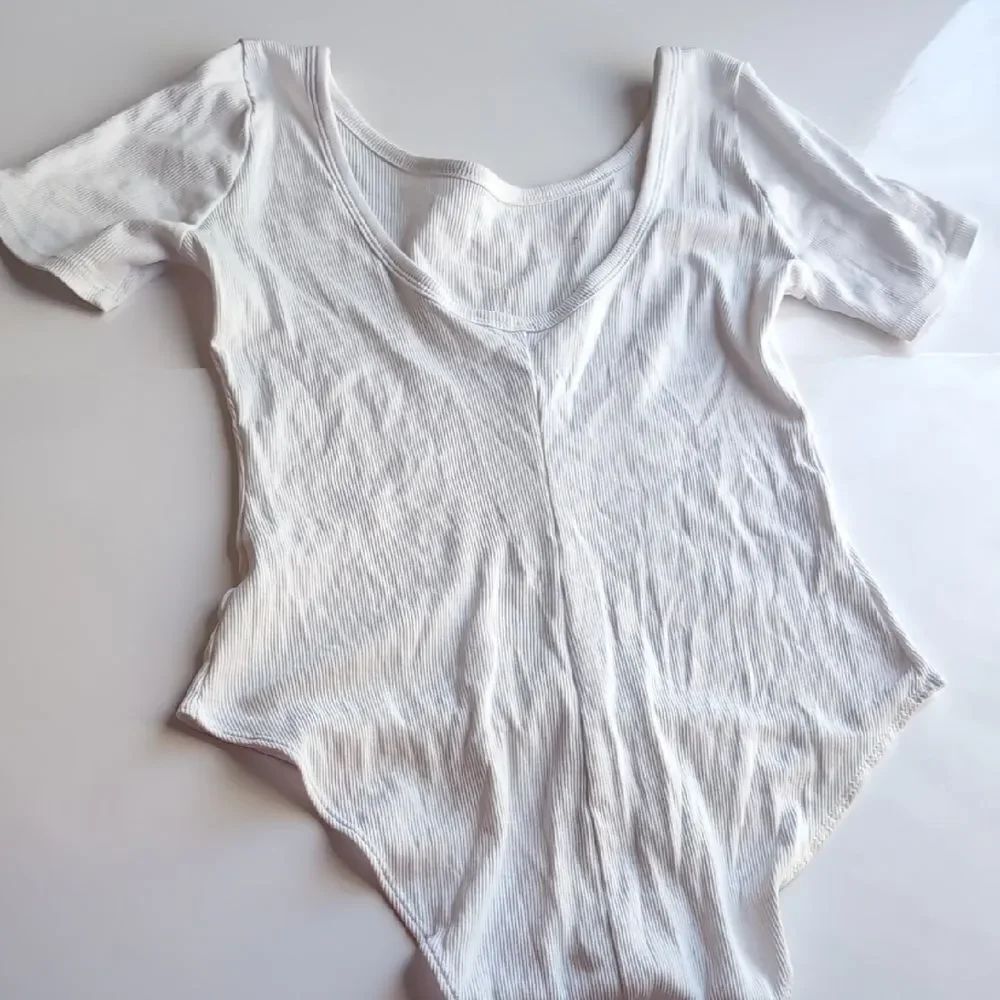H&M White Ribbed Bodysuit Deep Scoop neck At The Back M Cotton - Picture 3 of 6